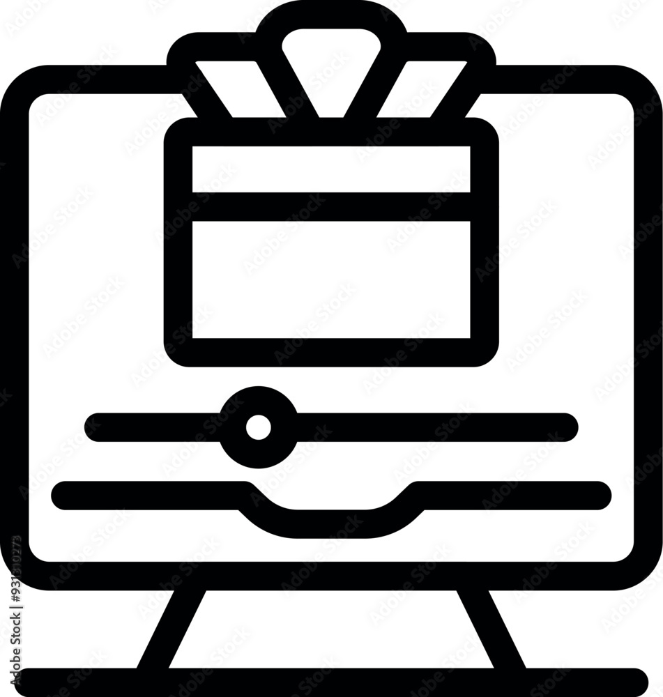 Poster simple, bold icon of a credit card with a bow on a computer screen, representing online shopping and