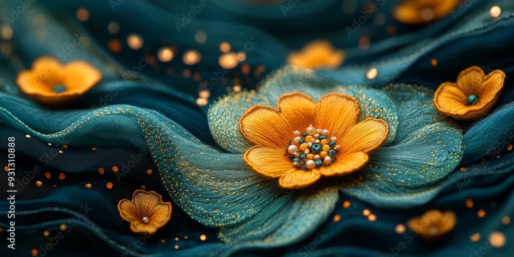 Canvas Prints Abstract Embroidery Art: High-Detail Teal and Mustard Design, generative ai