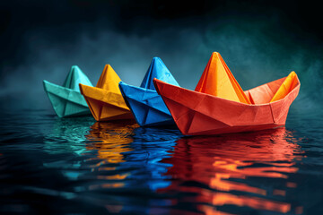 Fototapeta premium Colorful Origami Paper Boats Floating On Reflective Water Surface With Dark Misty Background