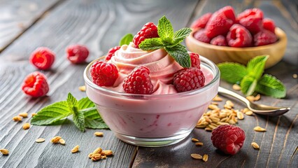 Creamy pink raspberry ice cream yogurt with fresh raspberries and a sprinkle of granola, pink,...