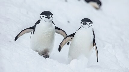 Obraz premium Two Chinstrap Penguins walk across snow covered ground in Antarctica, one looking at the camera, the other looking off to the side.