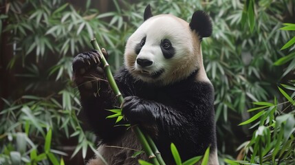 A playful panda munching on bamboo surrounded by lush greenery, showcasing the charm of wildlife in its natural habitat.