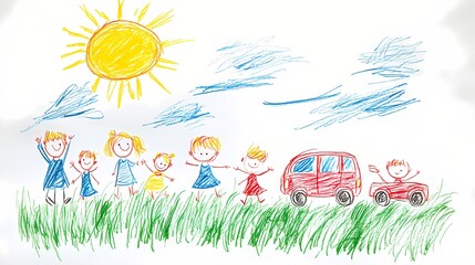 Naklejka premium Naive children's chalk drawing, family and car, nature background, sunny sky, drawn in kid's style.