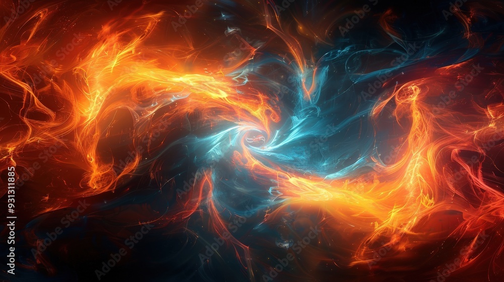 Poster generate a high-resolution abstract background with fiery swirls on a dark surface. provide ample co