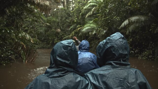 Slow motion of tourist traveling over a river to reach eco lodge deep in jungle