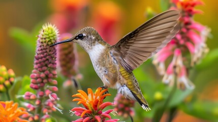 Fototapeta premium A vibrant hummingbird hovering near colorful flowers, showcasing nature's beauty and delicate wing movements.