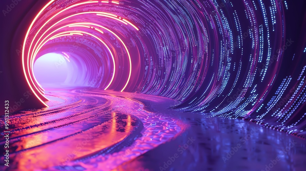 Poster a vibrant tunnel illuminated with colorful neon lights, creating a magical and futuristic atmosphere