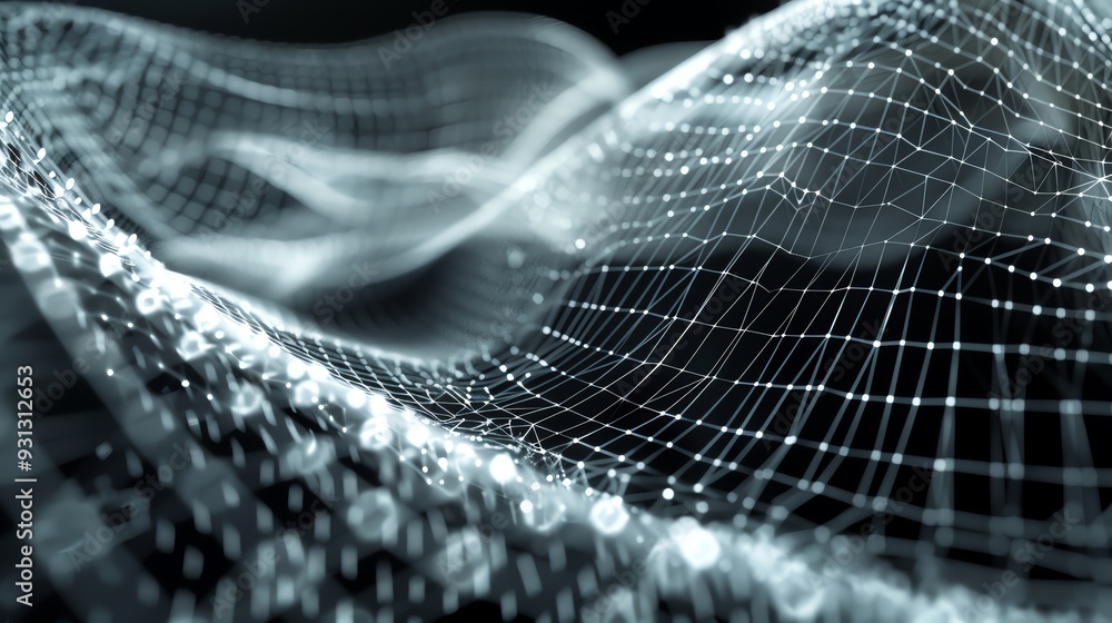 Poster abstract wave mesh design with glowing dots creating a futuristic digital landscape. ideal for techn