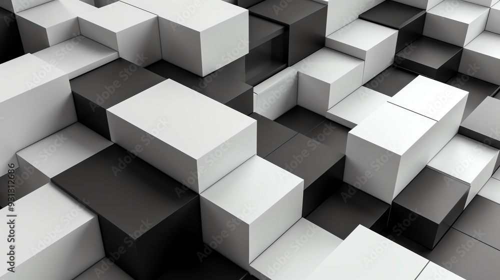 Poster an abstract arrangement of black and white 3d cubes creating a modern, geometric background with dep