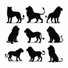 A collection of 9 lions silhouettes in different positions, including sitting, standing, and running, arranged in a 3 by 3 grid on a plain white background