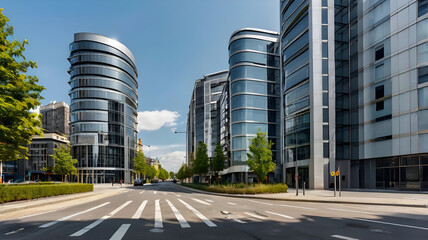 Modern building facade with blank billboards and street view.
