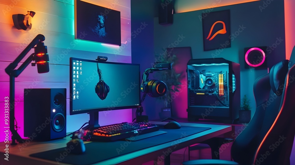 Poster sleek and modern streaming setup with rgb essential equipment for content creation and broadcast