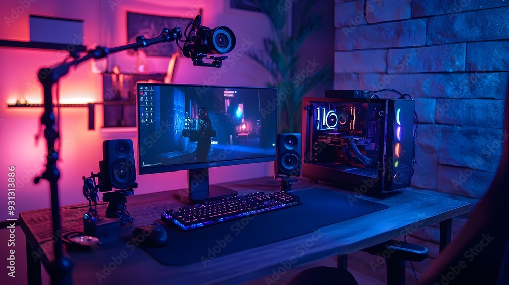Poster a modern and professional streaming setup featuring a vibrant rgb lighting creating an optimal works