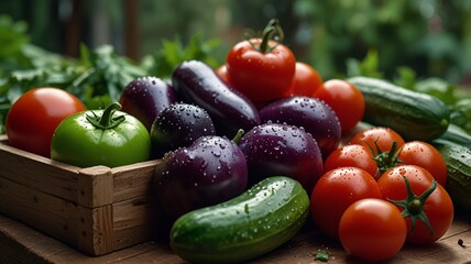 a crate of tomatoes, cucumbers, and other vegetables.