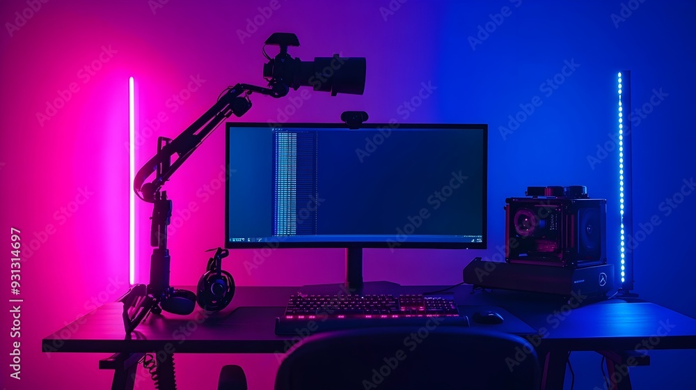 Poster streamlined and stylish streaming setup featuring a vibrant rgb lighting for optimal content creatio