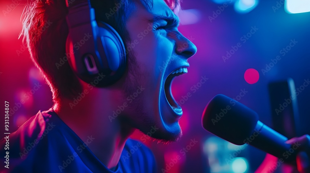 Poster Energetic Esports Announcer Speaking Into Microphone During Live Tournament Event with Game Action Displayed on Screens Behind Them