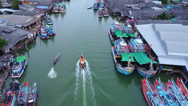 Aerial view of fishing village and gulf at Pak Nam Sichon, estuary area in Chumphon Province, Thailand.
