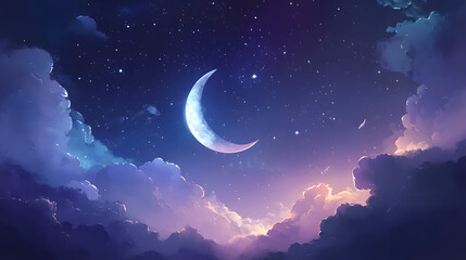 Dreamy Night Sky with Crescent Moon and Stars