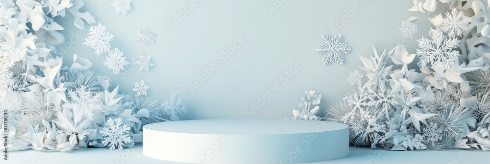 Poster illuminated winter podium - modern 3d render with geometric patterns and snowflakes for seasonal pre