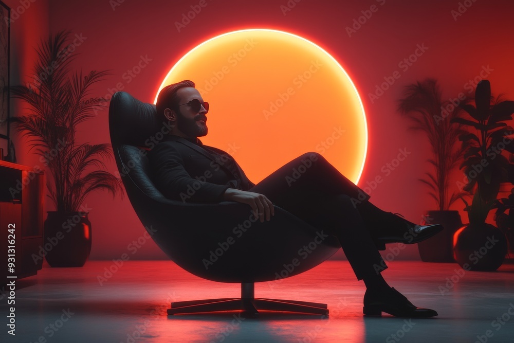 Poster silhouette of a relaxed man lounging in a chair against a giant sun symbolic of rest and reflection 