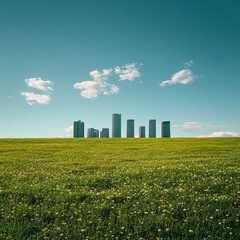 Skyscrapers with the distance green big field