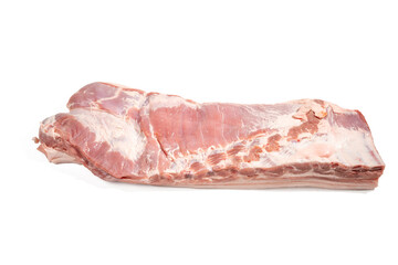 A large piece of meat is displayed on a white background. The meat is cut into thin strips and he is fresh Pork meat isolated on a white background.