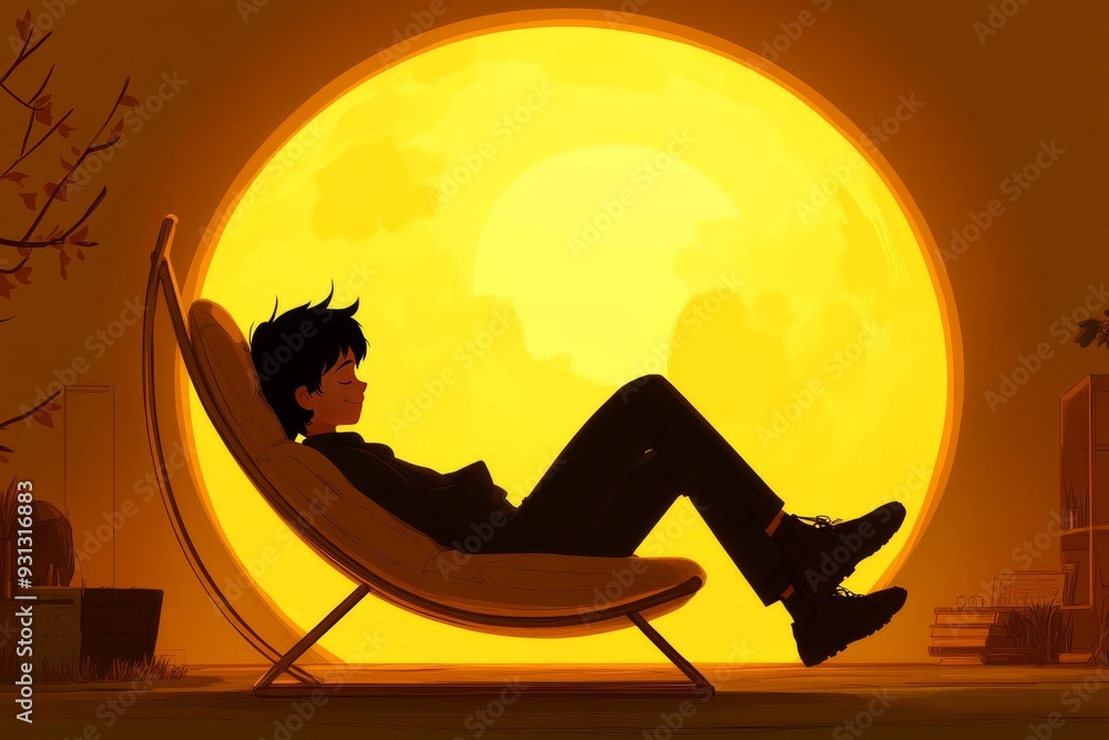 Poster silhouette of a man relaxing in a circular chair set against a glowing orange orb symbolizing rest a