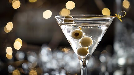 Elegant martini cocktail with olives against a bokeh background, perfect for showcasing sophisticated drink concepts and stylish events.