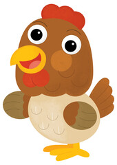 Cartoon happy farm animal cheerful hen chicken bird farm ranch animal looking and smiling isolated background illustration for kids