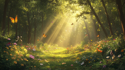 Sunlit forest clearing in spring or summer, filled with wildflowers and butterflies. --ar 16:9 --v 6.1 Job ID: b18f99bc-2dc6-445d-a137-109e8bd097a6