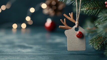 Reindeer-shaped Christmas tag with cinnamon stick antlers and candy button nose.