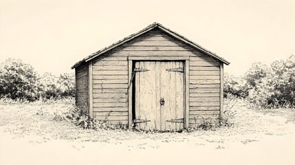 An Abandoned Tool Shed with a Hanging Door in a Plain Brown Color Sketch Style