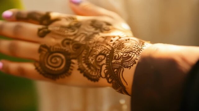 Woman elegantly displays a henna tattoo on her hand, showcasing intricate patterns in traditional body art