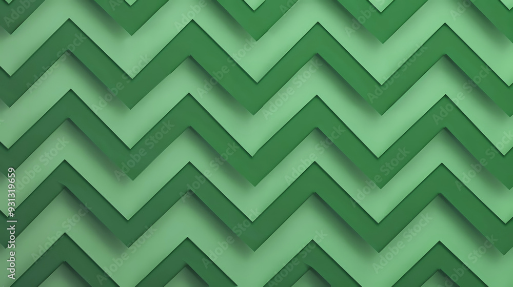 Poster a vibrant green zigzag pattern with layered waves, perfect for backgrounds, textiles, and modern des