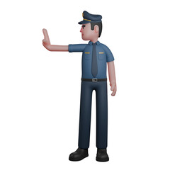 3D Illustration of a Law Officer. A police officer stands with his right hand raised forward, palm facing outward, signaling to stop. Male Police