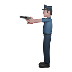 Male Law Officer 3D Model. A police officer holds a gun with both hands and points it to the side. Police Cartoon