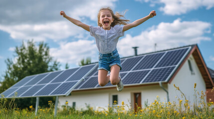 Smiling girl jumping high in front of her family's solar-paneled home, celebrating renewable