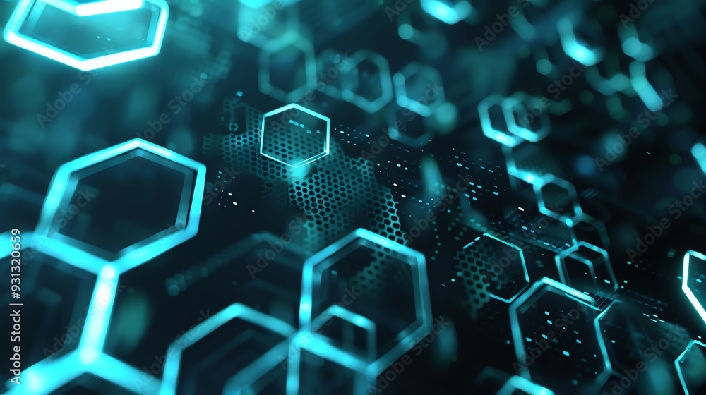 Poster abstract digital background featuring glowing hexagonal shapes, perfect for technology, data, and fu