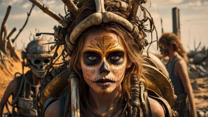 Fierce woman in post-apocalyptic wasteland with D&iacute;a de los Muertos face paint and tribal headgear made of bones and branches standing with a group of similarly adorned individuals in a desolate desert