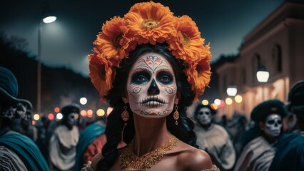 Obraz premium A striking photograph of a woman beautifully adorned with Day of the Dead face paint and orange flower crown, captured at night during a cultural festival, representing tradition and celebration