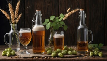 A rustic display of craft beer in elegant bottles and glasses, surrounded by hops and wheat, perfect for breweries, bars, and beverage marketing.