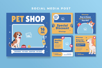Pet shop social media post with cute dog and cat and empty space for your image