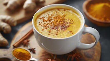Warm turmeric latte in a ceramic cup on a wooden tray, surrounded by fresh ginger, cinnamon sticks, and a bowl of turmeric powder.