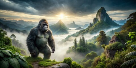 Obraz premium Dramatic misty mountainscape misty valley misty forest misty peaks misty trekking path majestic solitary gorilla misty atmosphere grandeur majestic power