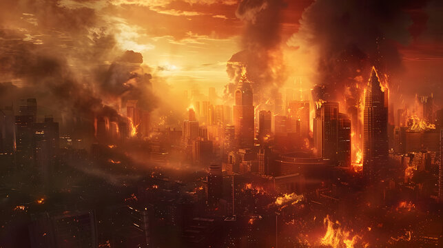 A city engulfed in flames and thick black smoke rises into the sky as buildings burn in a fiery apocalypse. The scene captures the chaos and devastation of a world in ruins.