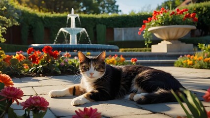 A majestic cat and dog duo, lounging in a sun-drenched garden with vibrant flowers and a bubbling fountain in the background. The cat's fur is a deep, rich black while the dog's coat is a mix of golde