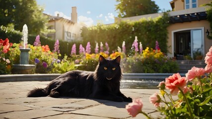 A majestic cat and dog duo, lounging in a sun-drenched garden with vibrant flowers and a bubbling fountain in the background. The cat's fur is a deep, rich black while the dog's coat is a mix of golde