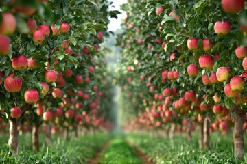 A vibrant apple orchard with rows of blossoming trees full of ripe red apples, showcasing nature's bounty in a serene setting.