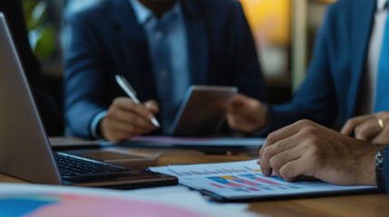 South Asian financial professionals discussing R&D in banking, using a laptop to analyze