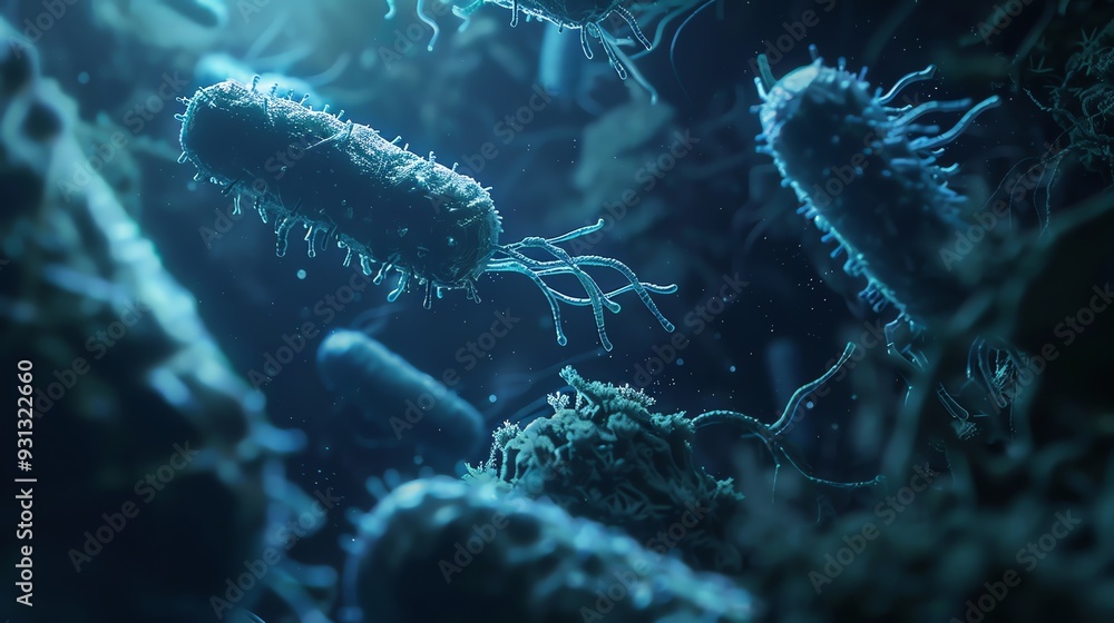 Poster close-up view of bacteria in a dark aquatic environment, showcasing unique shapes and intricacies of